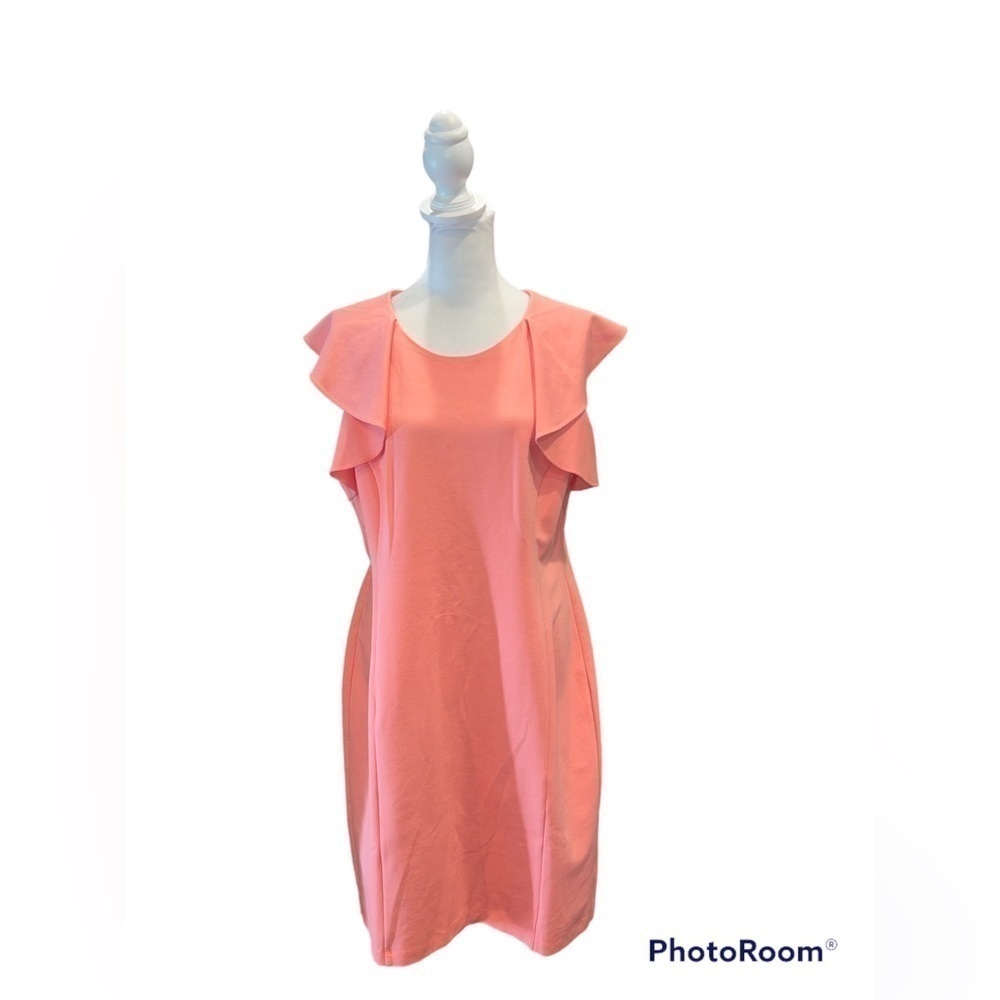Lands End Women Coral Pink Ruffle Shoulder Ponte Knit Sheath Dress‎ Size 14